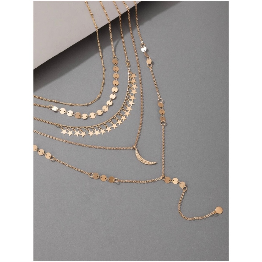Boho Gold tone Stars Moons Multilayer Necklace - Picture 3 of 3